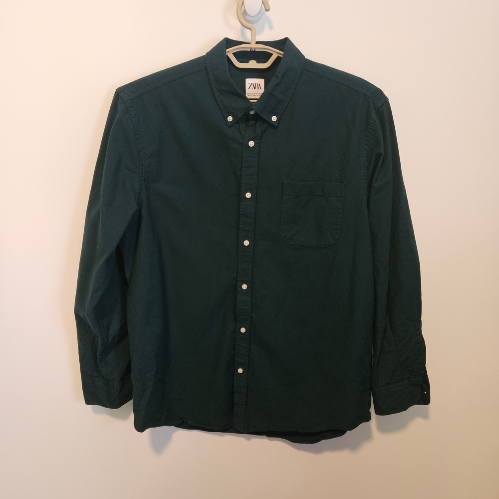 Zara Long Sleeve Button Down Shirt Mens XXL Dark Green Solid Cotton Holiday